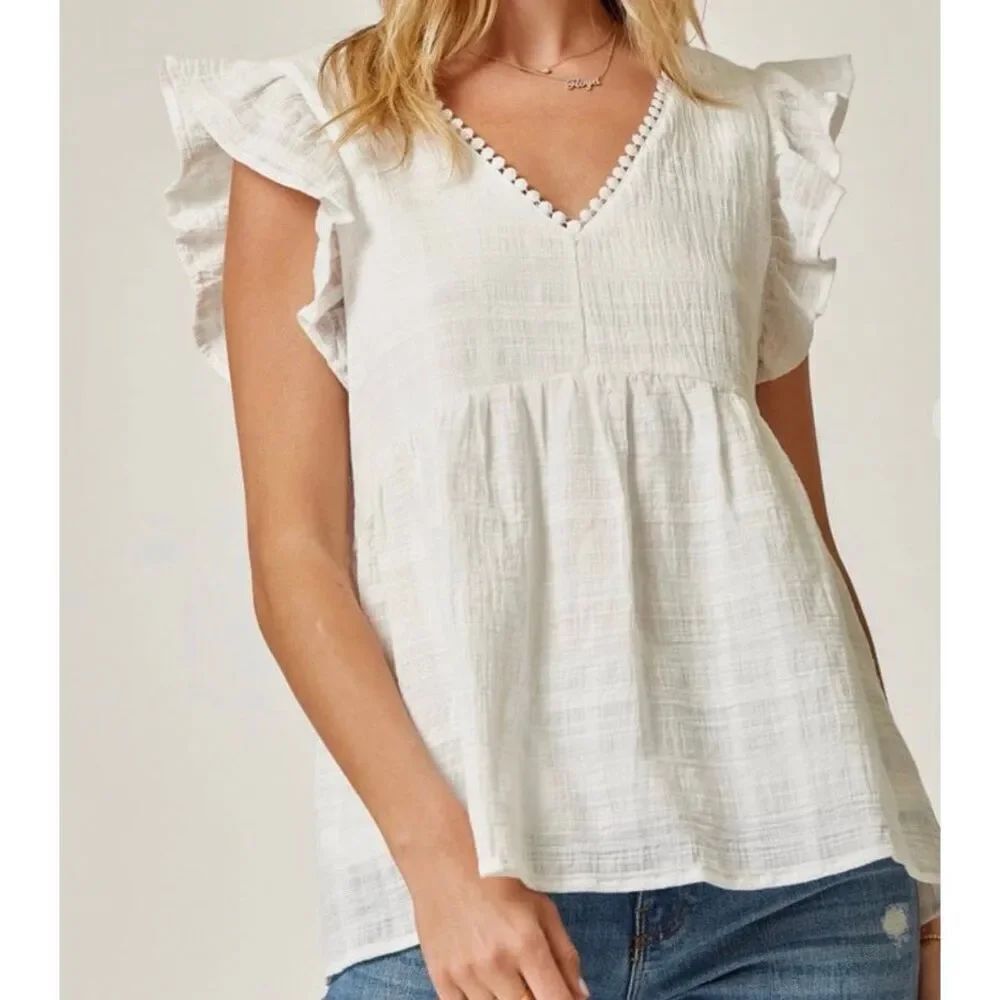 Andree by Unit Women’s White Flutter Sleeve Top Babydoll Sz Large